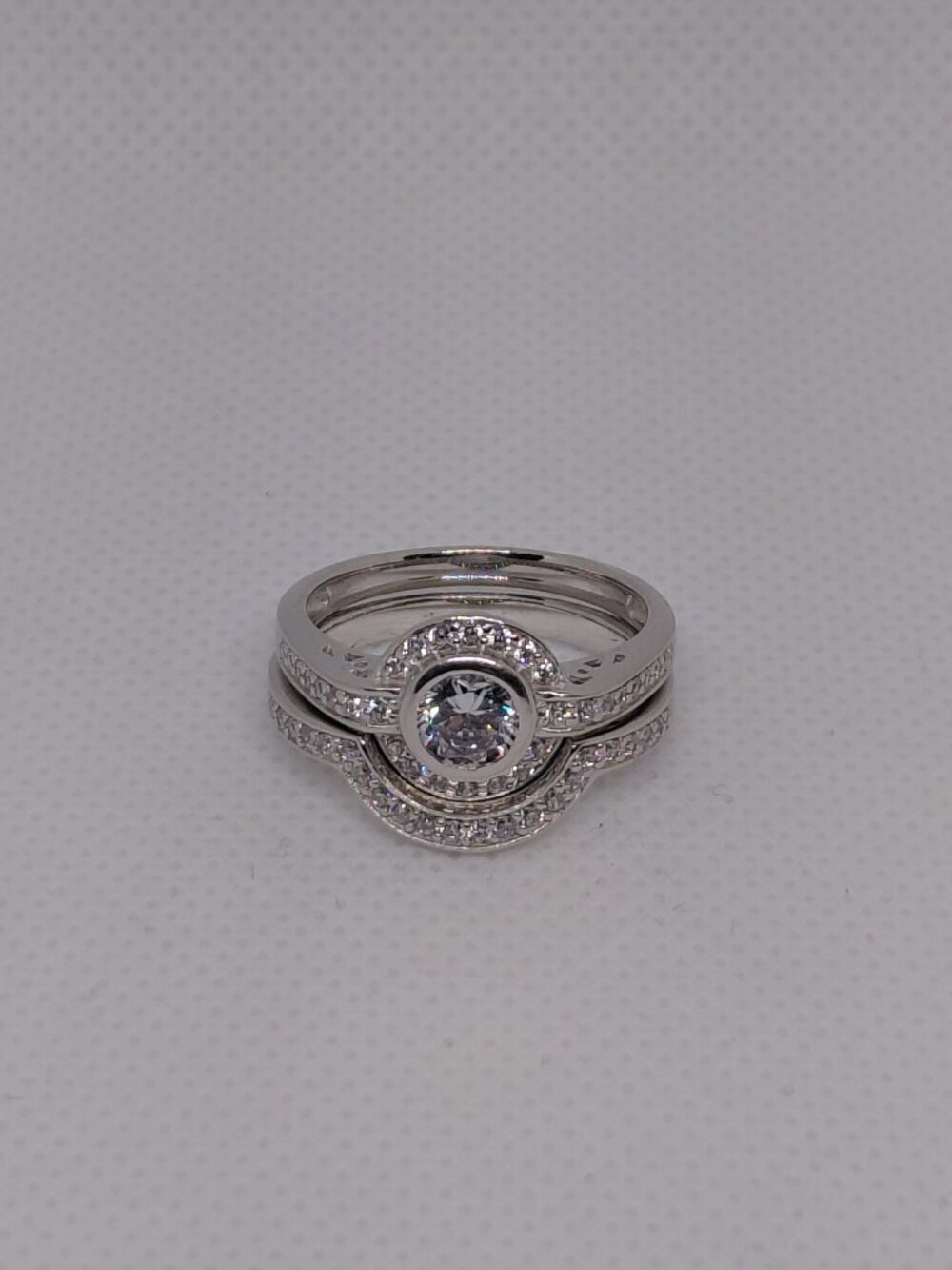 Sterling Silver Travel Bridal Set - Bezel Solitaire & Halo Ring Jacket - Size 9 - Picture 6 of 10